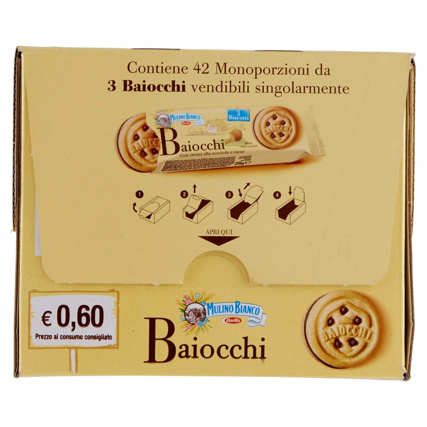 Mulino Bianco Espositore Snack Baiocchi con Crema di Nocciola e Cacao - Pacco da 42 Pezzi (1180 gr)