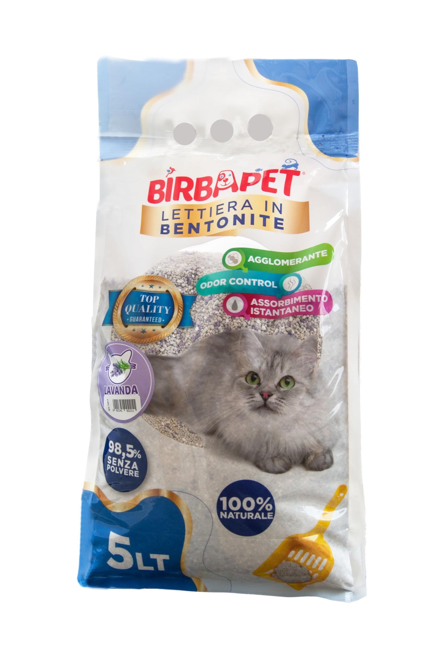 BIRBAPET - Lettiera per gatti, Bentonite Sabbia Bianca Qualità Premium, Clumping White, fine, con varie fragranze con varie fragranze 5L (Lavanda)