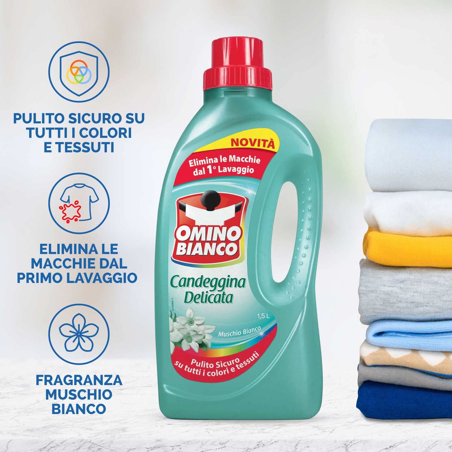 Omino Bianco - Candeggina Delicata, Tecnologia Anti Odor, Azione Igienizzante e Smacchiante, Essenza Muschio Bianco, 1500 ml x 4 Pezzi