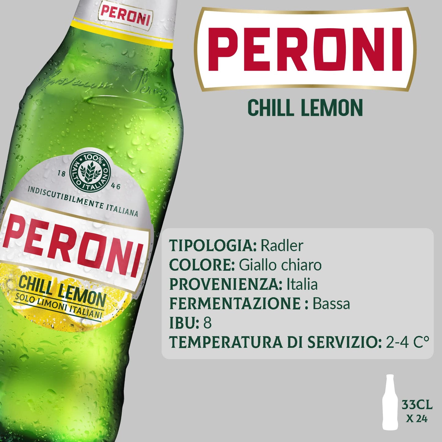 Peroni Chill Lemon Birra al Limone, Cassa Birra con 24 Birre in Bottiglia da 33 cl, 7.92 L, Birra Radler dal Gusto Naturale di Limoni Aspro e Bilanciato, Gradazione Alcolica 1.3% Vol