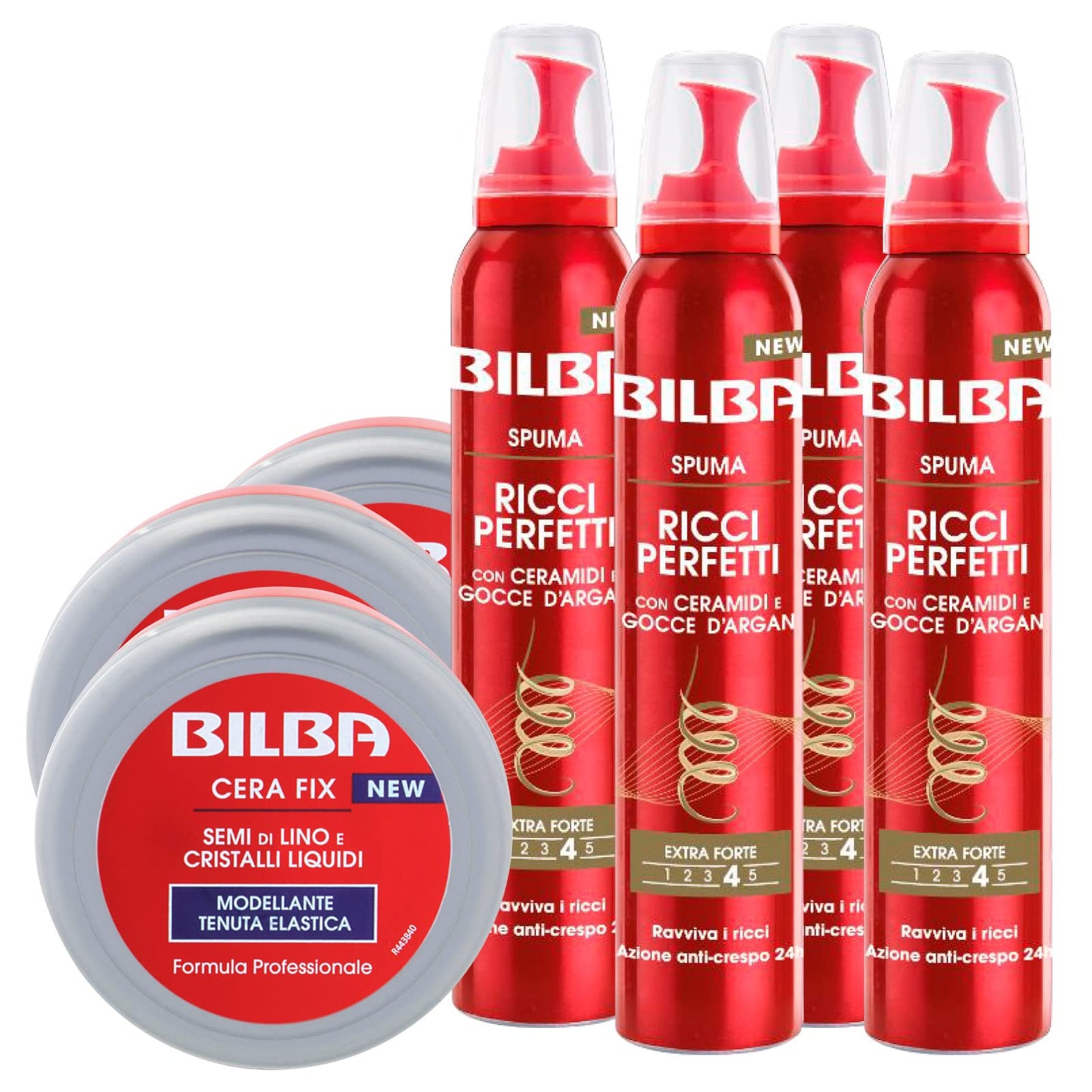 4x Bilba Spuma Ricci Perfetti Ceramidi e Olio di Argan Effetto Anticrespo 4 Flaconi da 200ml ognuno + 3x Cera Fix Modellante Capelli Semi di Lino e Cristalli Liquidi 3 Barattoli da 100ml ognuno