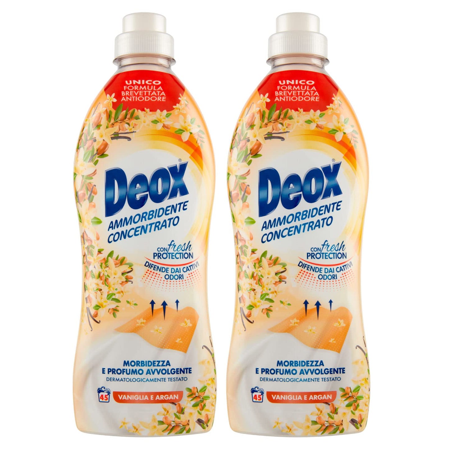 Deox - Ammorbidente Lavatrice Concentrato, Capi Morbidi e Profumati, con Tecnologia Fresh Protection, Fragranza Vaniglia e Argan, 45 Lavaggi x 2 Confezioni