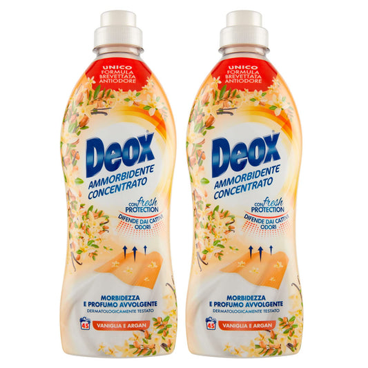Deox - Ammorbidente Lavatrice Concentrato, Capi Morbidi e Profumati, con Tecnologia Fresh Protection, Fragranza Vaniglia e Argan, 45 Lavaggi x 2 Confezioni