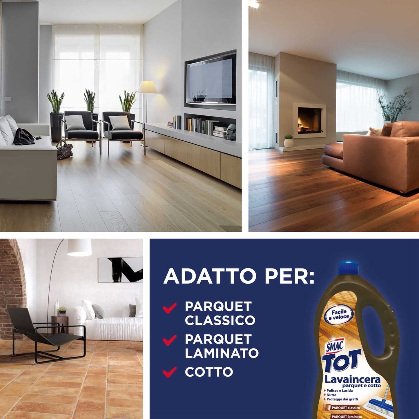 Smac - Tot Lavaincera Parquet e Cotto, Detergente Pavimenti con Cera di Carnauba, Azione Lucidante e Protettiva, 1000ml x 3 pezzi