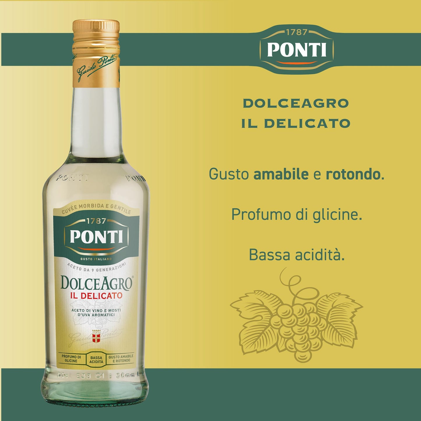Ponti, Dolceagro Condimento Delicato, Gusto Amabile e Rotondo, Bassa Acidità, Dona un Tocco di Delicatezza alle Insalate, alle Verdure, Carni e Pesce, 100% Made in Italy, 6 Bottiglie da 500 ml