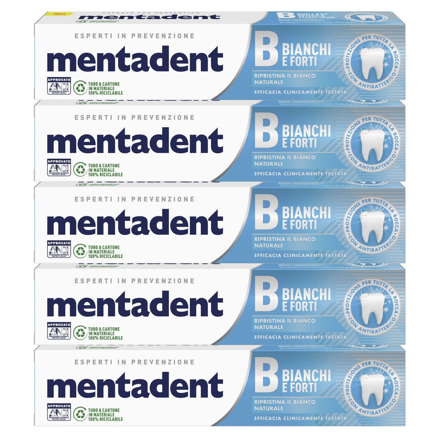 5x Mentadent Bianchi e Forti Dentifricio Antibatterico - 5 Flaconi da 75 ml ognuno