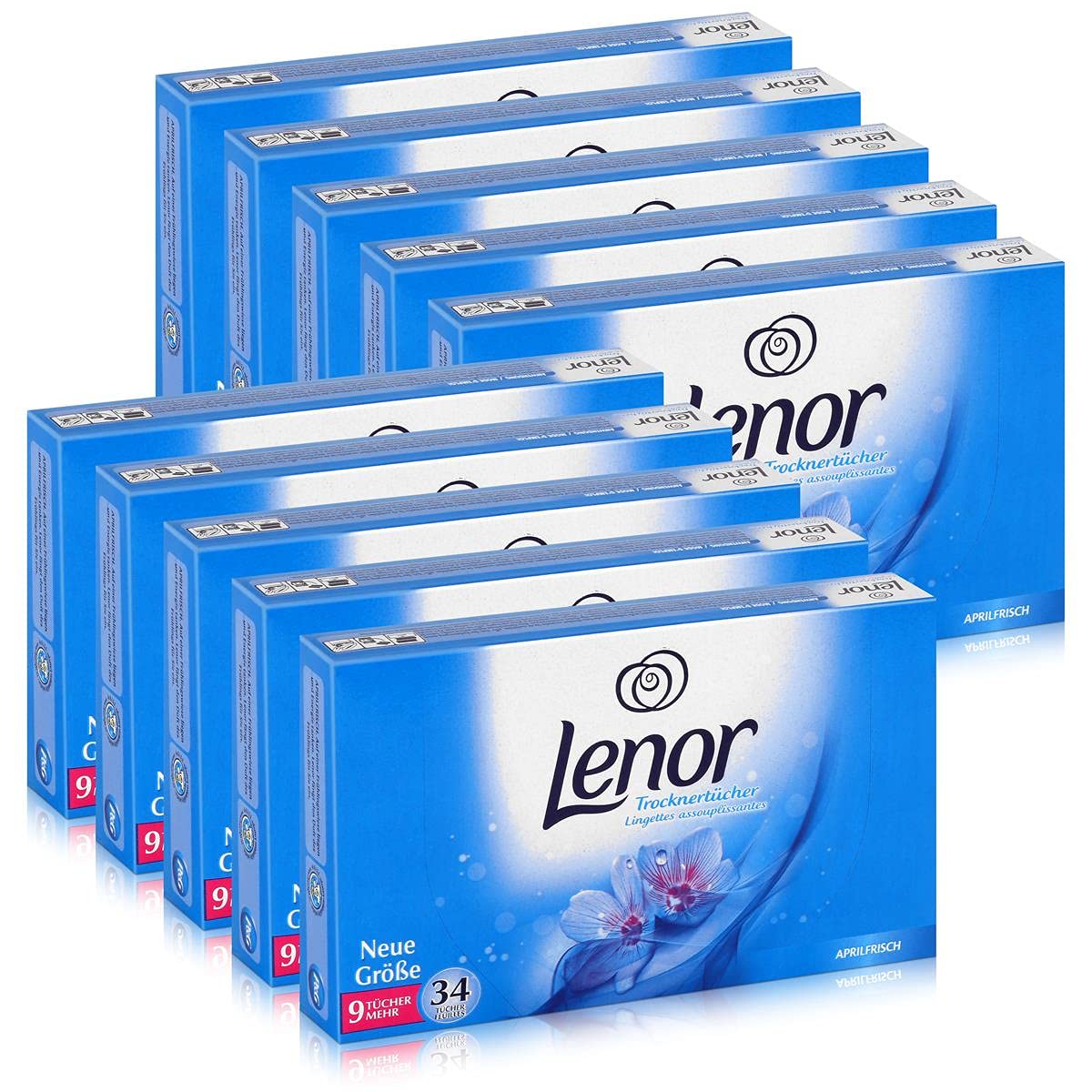 Lenor Asciugamani per asciugatrici, 34 salviette, lavaggio in asciugatrice, confezione da 10 pezzi