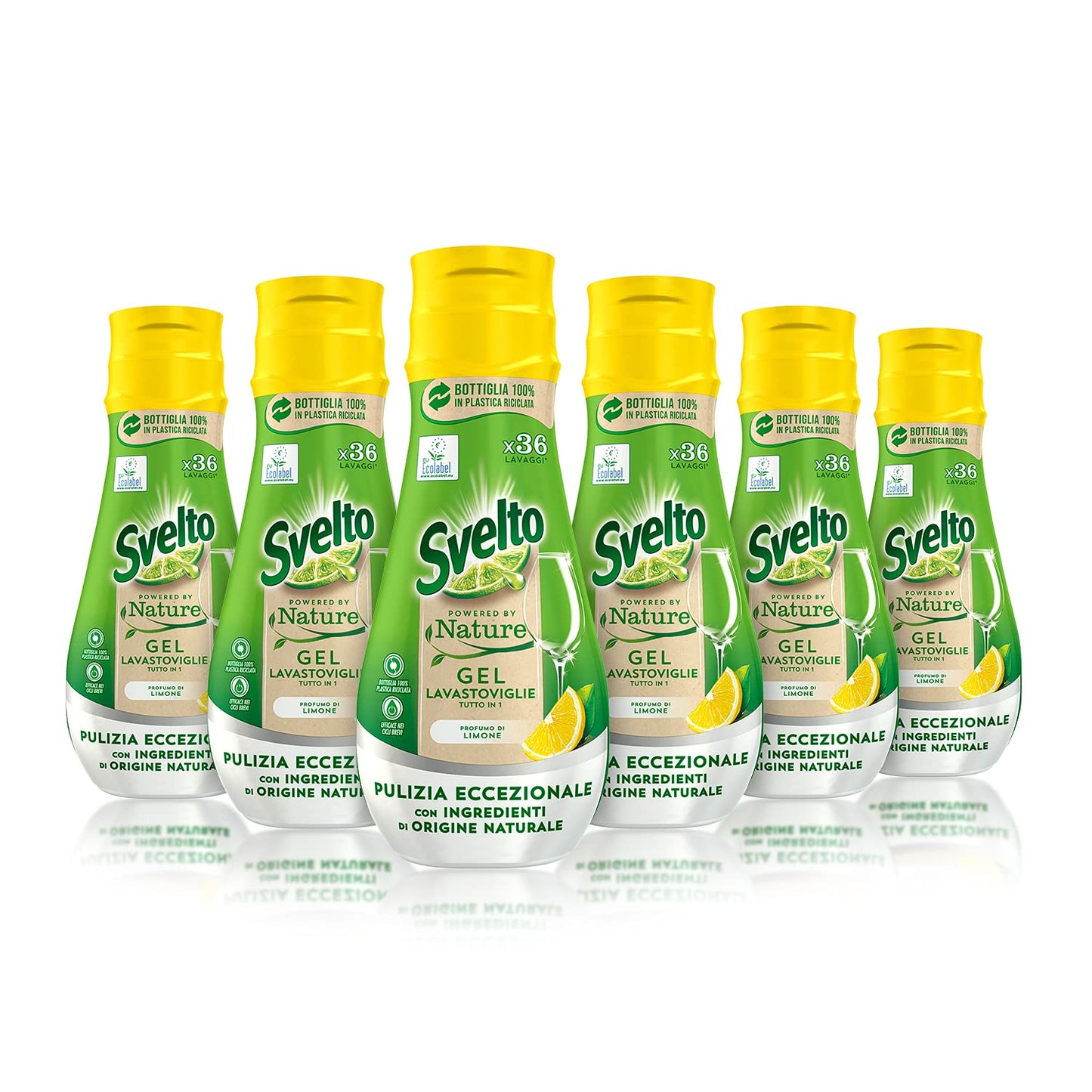Svelto Gel Lavastoviglie Tutto in 1 Powered By Nature, 6 Pezzi da 36 Lavaggi, Detersivo Lavastoviglie con Ingredienti di Origine Naturale, Efficace nei Cicli Brevi, 100% Plastica Riciclata, Limone