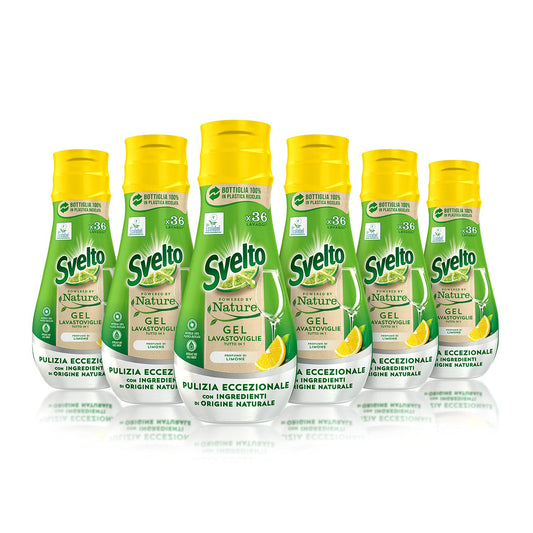 Svelto Gel Lavastoviglie Tutto in 1 Powered By Nature, 6 Pezzi da 36 Lavaggi, Detersivo Lavastoviglie con Ingredienti di Origine Naturale, Efficace nei Cicli Brevi, 100% Plastica Riciclata, Limone