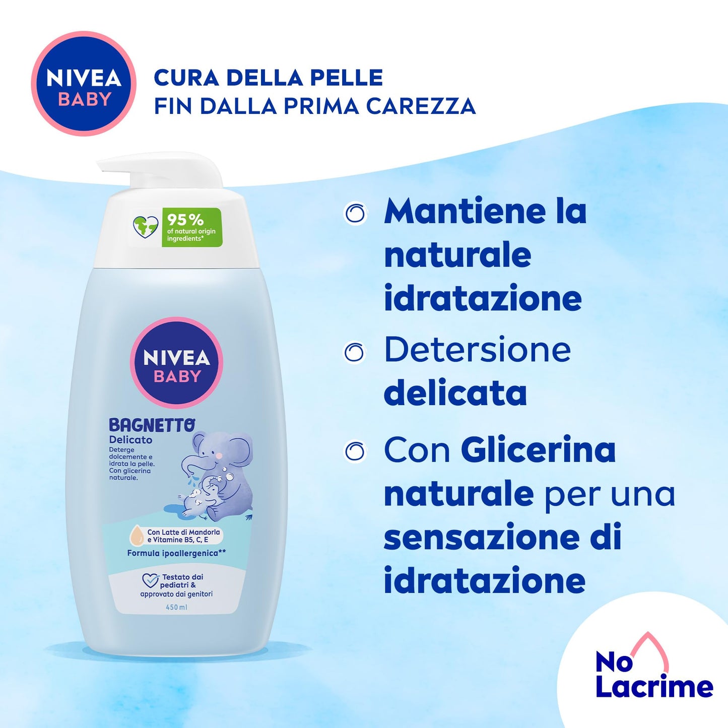 NIVEA BABY Bagnetto Delicato 450ml, Bagnoschiuma bambini per una detersione delicata e idratante, Bagnoschiuma neonato con Glicerina naturale, Latte di Mandorla e Vitamine B5, C & E