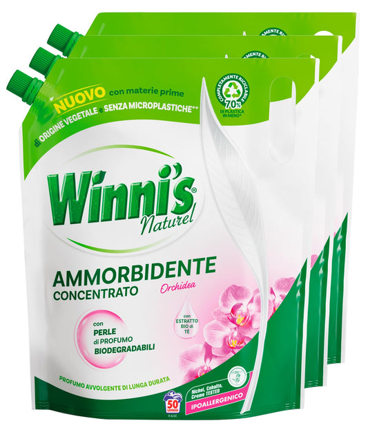 Winni's Naturel Ammorbidente Concentrato per Lavatrice con Fragranza all'Orchidea 50 Lavaggi efficace anche a Basse Temperature Ipoallergenico in Ecoformato - 3 Buste da 1250 ml