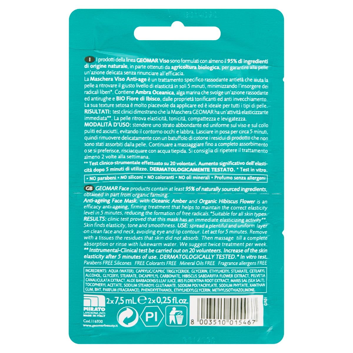 Geomar Maschera Viso, Anti Age, Rassodante - Confezione da - 2 x 7.5 ml