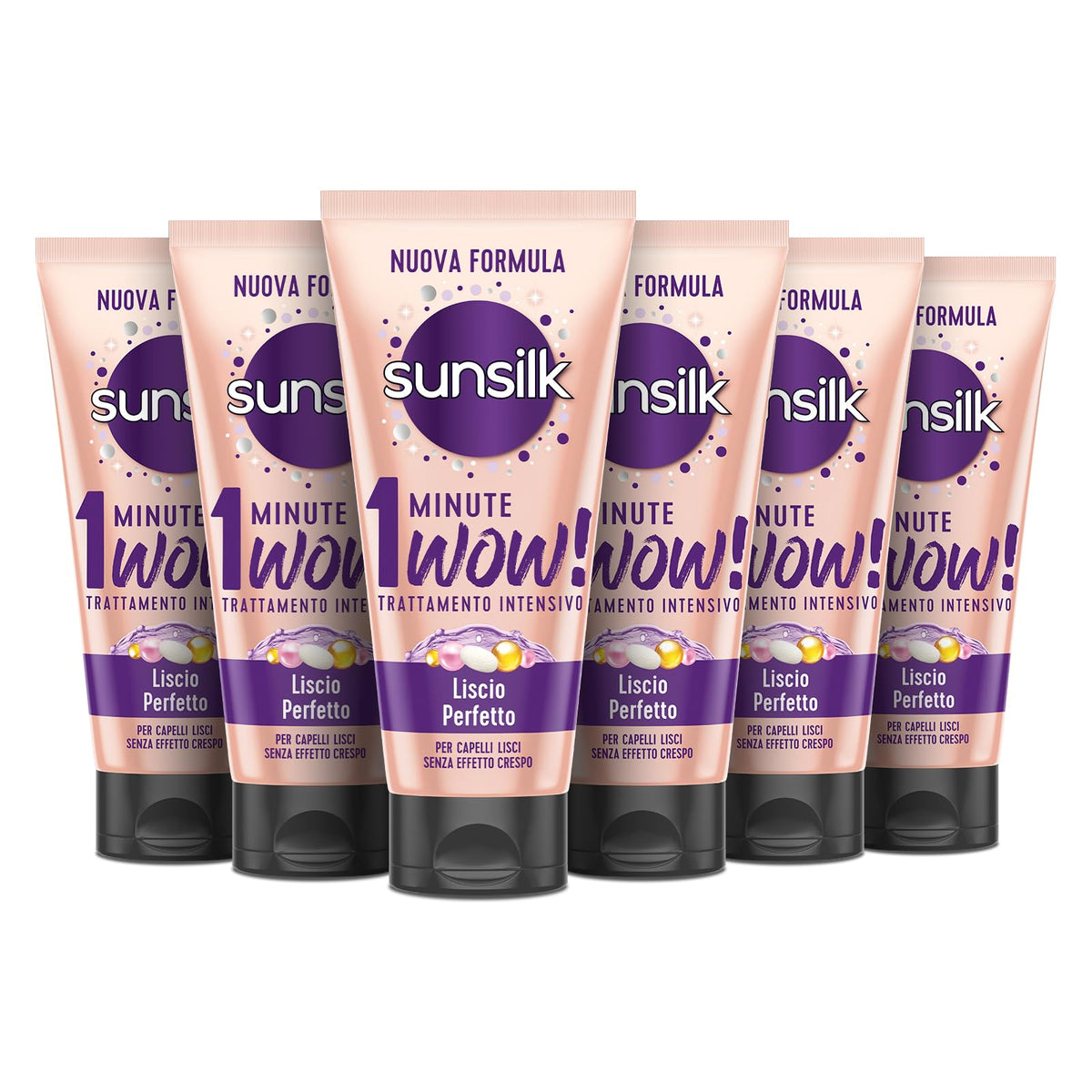 Sunsilk, Trattamento Intensivo 1 Minute Wow, Maschera Capelli Lisci, Linea Liscio Perfetto, Maschera Capelli Ristrutturante, con Olio d’Argan, Proteine della Seta e Biotina, 6 Pezzi da 180ml