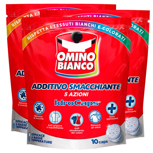 Omino Bianco - Additivo Smacchiante Lavatrice 5 Azioni in 1 Idrocaps, Capsule Idrosolubili per Bucato, Smacchiatore Igienizzante, 3 Confezioni x 10 Caps