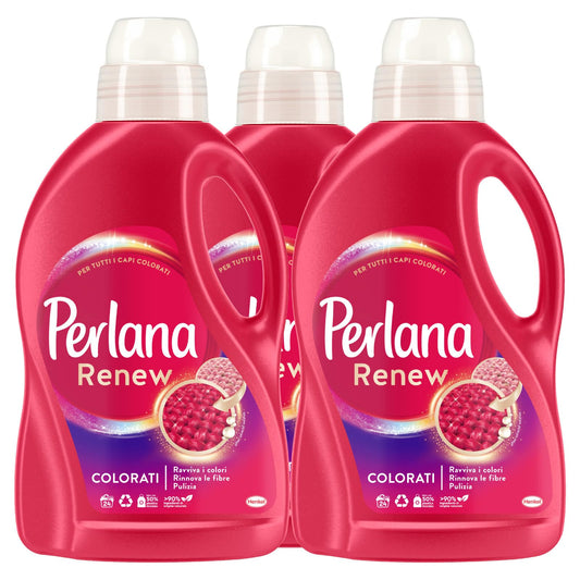 Perlana Renew Colorati Detersivo Liquido Rinnova Colore Capi Colorati per Lavatrice e Bucato a Mano Neutrilzza Cattivi Odori sui Tessuti Rinnova i Colori 24 Lavaggi - 3 Flaconi da 1,44 Litri