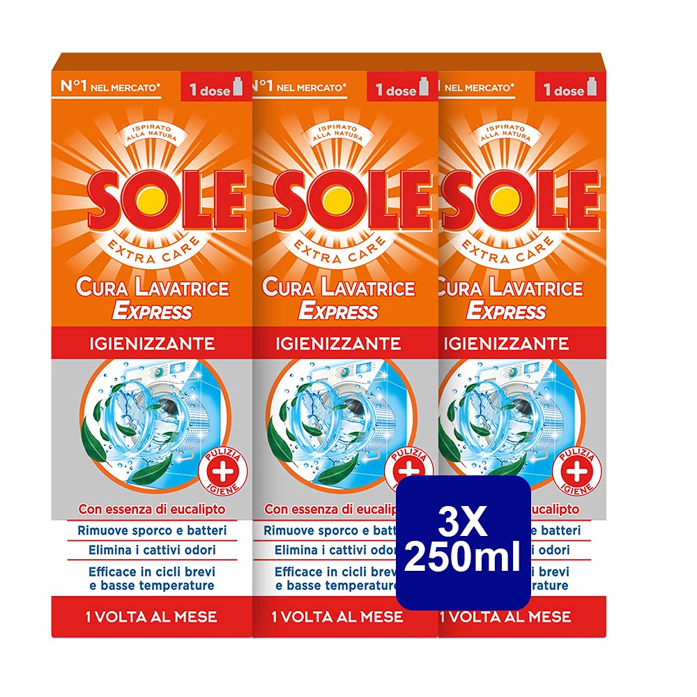 Sole Cura Lavatrice Express, Formula Potenziata da 8 Azioni, Confezione da 3 flaconi da 250 ml
