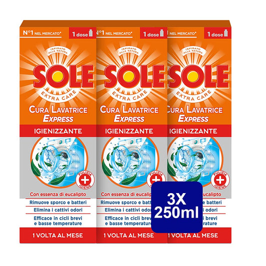Sole Cura Lavatrice Express, Formula Potenziata da 8 Azioni, Confezione da 3 flaconi da 250 ml