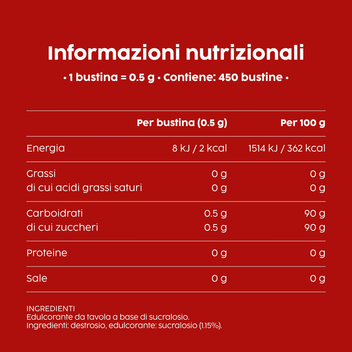 Misura Dolcificante in Bustine, Dolcificante Senza Glutine, Senza Aspartame, 2 Calorie Per Bustina, Pratica Confezione per Bar, Ristoranti e Uffici, 450 Bustine