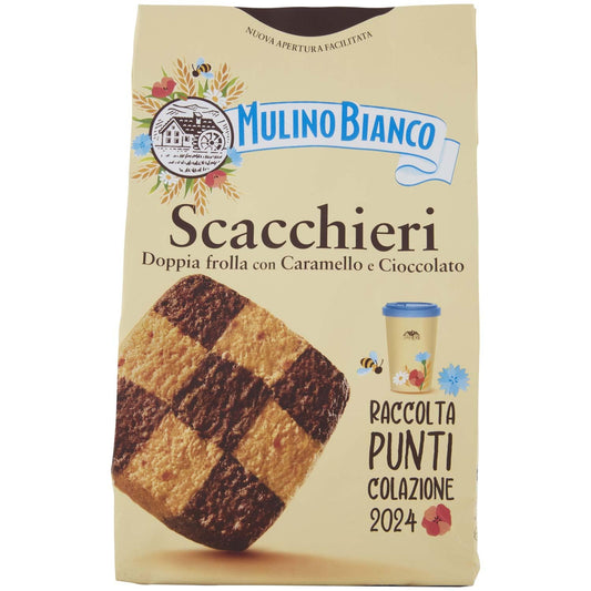 Mulino Bianco Biscotti Frollini Scacchieri con Doppia Frolla al Cioccolato e al Caramello, Ideali per Colazione o come Dolcetto, Senza Olio di Palma, 300 g