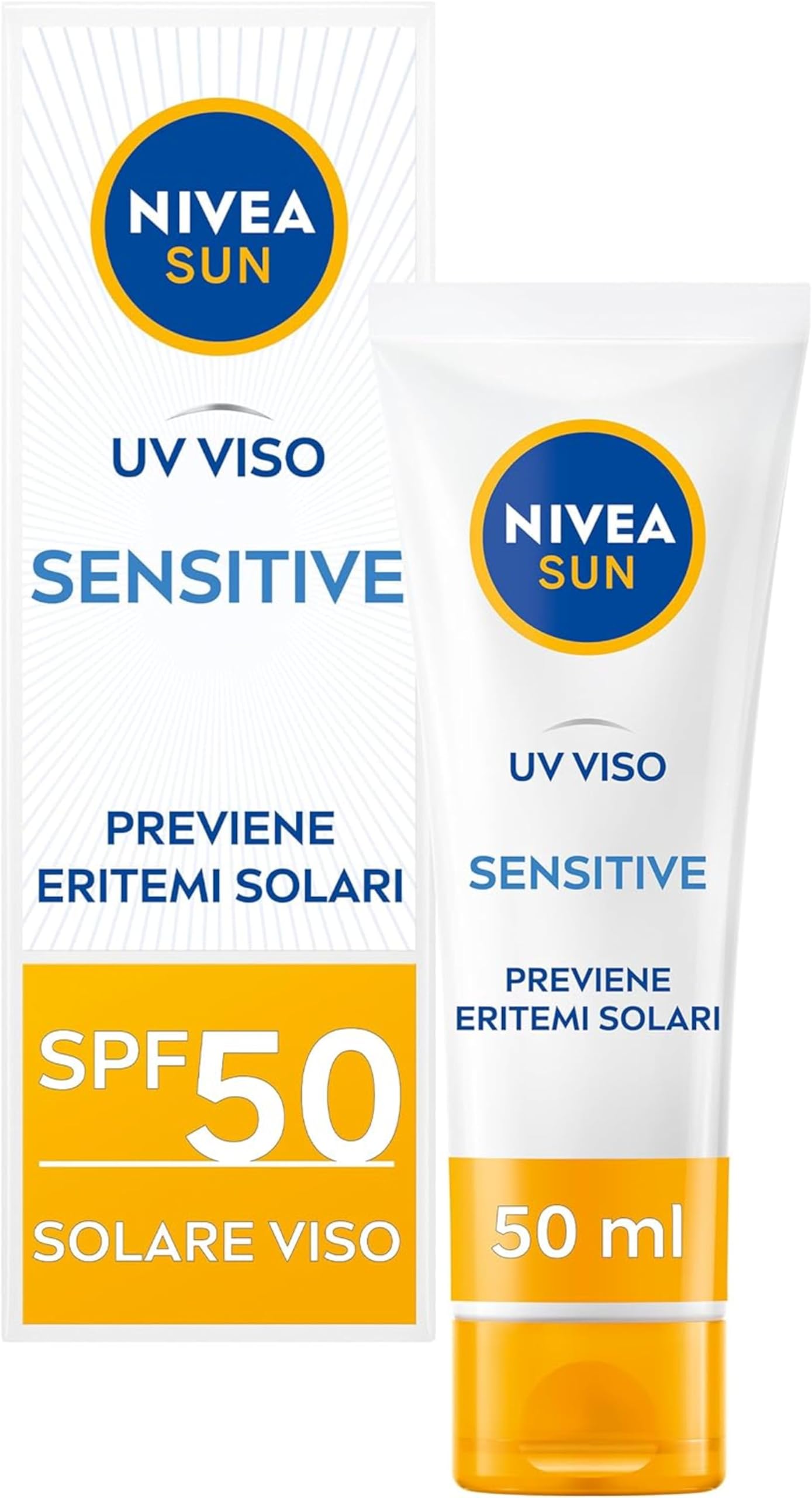 NIVEA SUN Crema UV Viso Sensitive SPF50 50 ml, Crema solare viso 50 per pelli sensibili, Protezione solare viso contro le allergie solari, Crema viso SPF 50 senza profumo dalla texture leggera