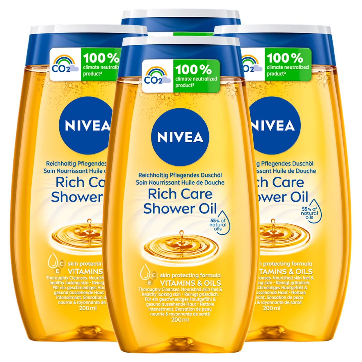 NIVEA Doccia Olio Rich Care Detergente Corpo Nutriente Formula Biodegradabile ad Azione Idratante e Protettiva Docciaschiuma con Oli Naturali e Vitamine C ed E per Pelli Secche - 4 Flaconi da 200ml