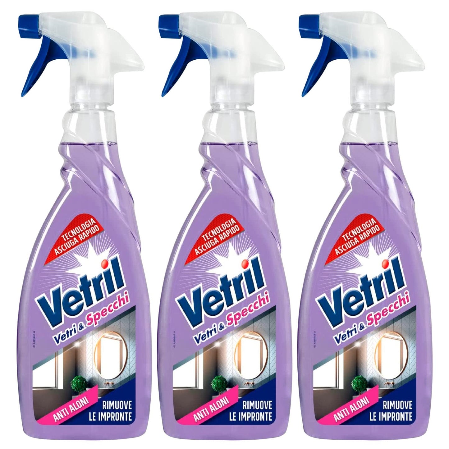 Vetril - Vetri e Specchi, Detergente Spray Tecnologia Asciuga Rapido, Brillantezza Senza Aloni, 650 ml x 3 Pezzi