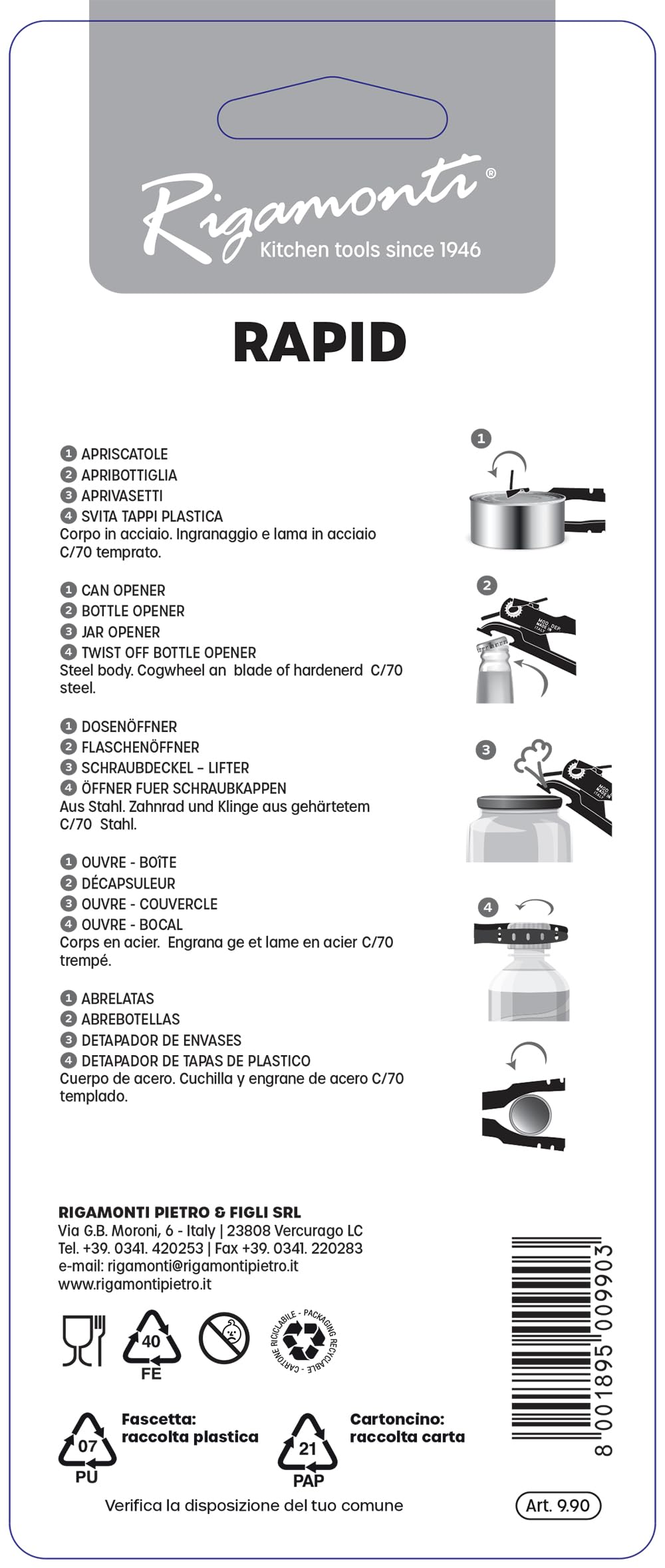 Rigamonti Apriscatole Rapid 4 funzioni. Apriscatole manuale pper barattoli e lattine in metallo in modo facile e veloce. Apriscatole e apribottiglie. Per uso professionale e casalingo.