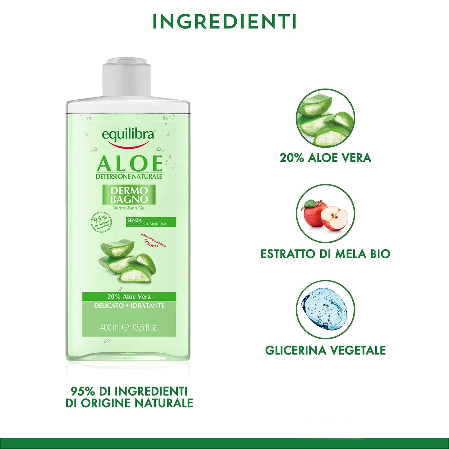 Equilibra Aloe Dermo-Bagno, Gel-Doccia ad Azione Idratante, Emolliente e Rinfrescante, per una Pelle Pulita e Profumata, Con Succo di Aloe, Glicerina ed Estratto di Mela Bio, 400 ml