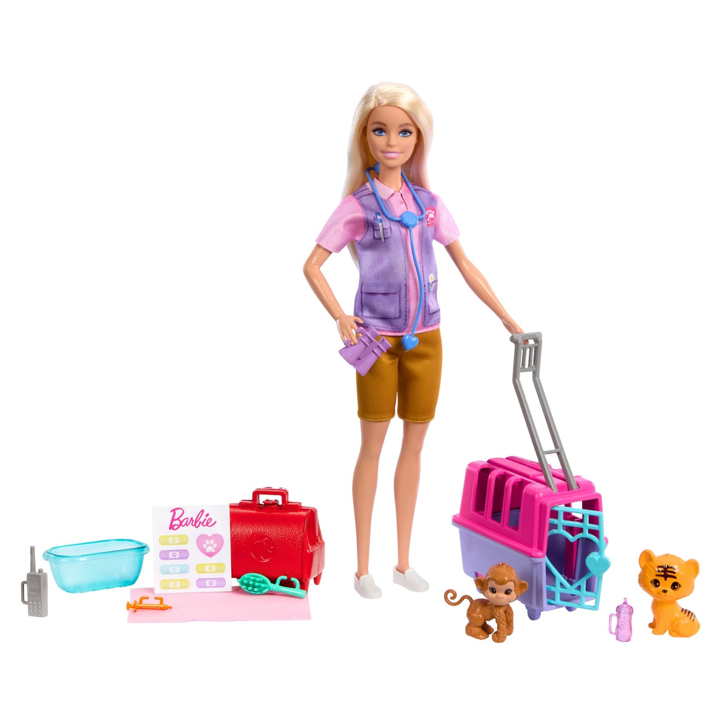 Barbie Carriere - Salvataggio e Recupero Animali, playset con Bambola bionda, scimmietta e Cucciolo di Tigre, trasportino e Accessori Inclusi, Giocattolo per Bambini, 3+ Anni, HRG50