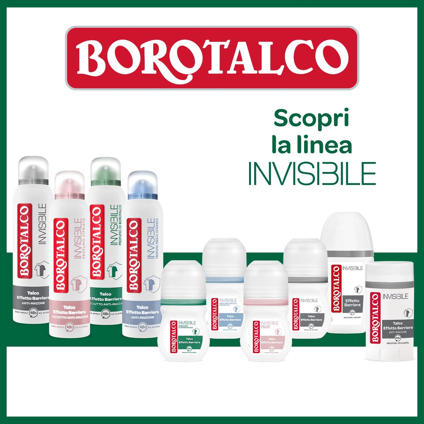 Borotalco, Deodorante Spray Invisibile Verde, Formula Senza Alcool con Talco Effetto Barriera, Cattura e Non Trasferisce Aloni, 48h di Efficacia, Profumo di Borotalco - 1 Flacone da 150 ml