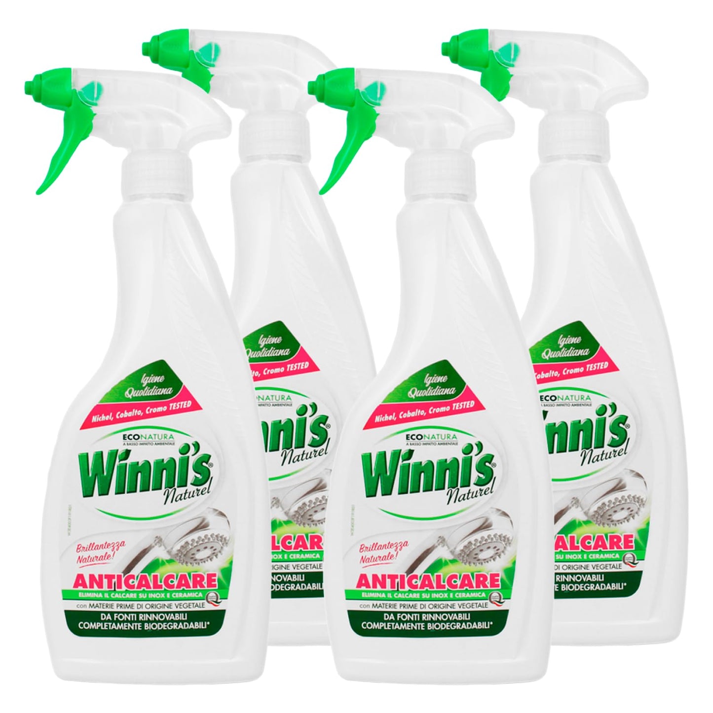 Winni's Naturel Anticalcare Spray per Acciaio Inox e Ceramica Brillantezza Naturale Ipoallergenico con Materie Prime di Origine Vegetale Completamente Biodegradabili - 4 Flaconi da 500ml
