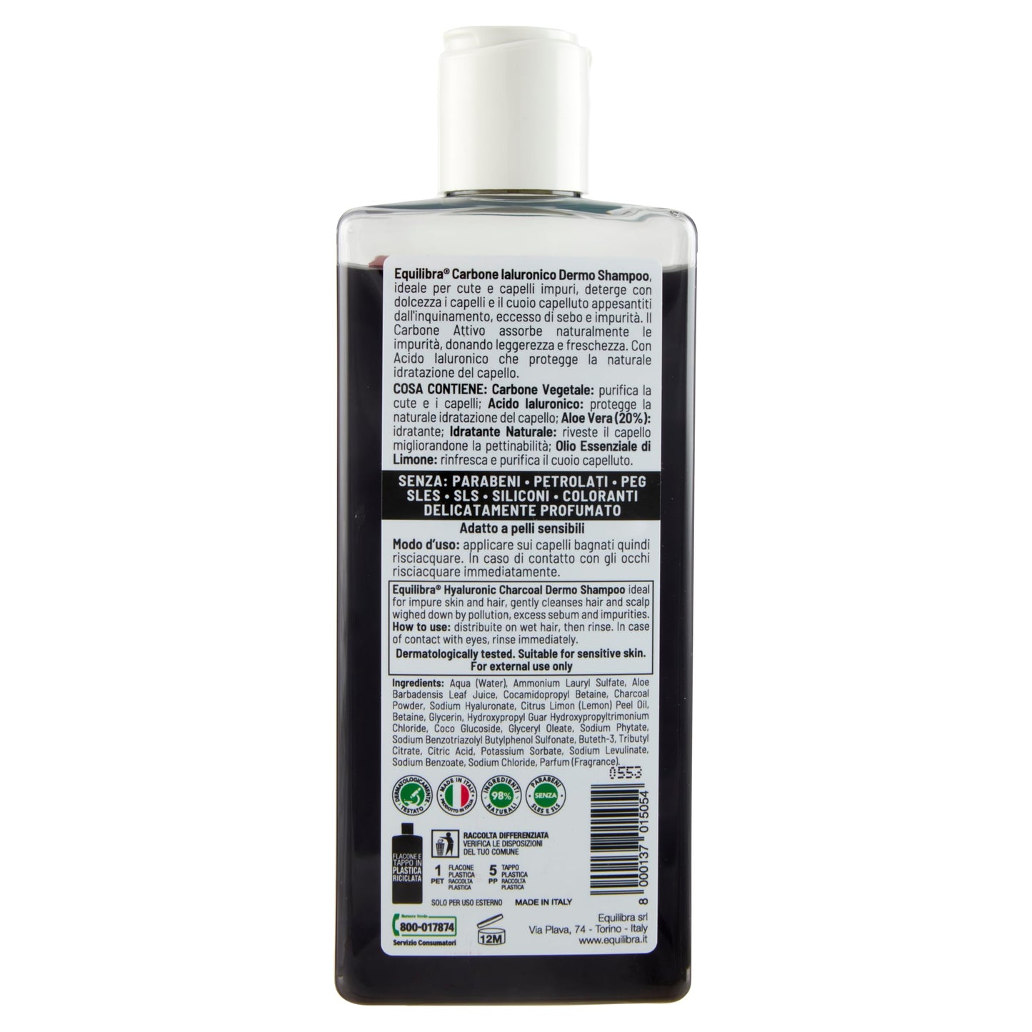 Equilibra Capelli, Dermo Shampoo Idratante Carbone Ialuronico, Shampoo per Capelli Impuri, con Carbone Vegetale, Acido Ialuronico, Aloe Vera, Idratante Naturale, Olio Essenziale di Limone, 265 ml