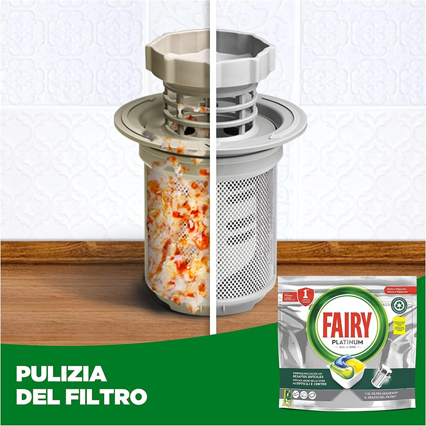 Fairy Platinum Detersivo Pastiglie Lavastoviglie, Brillantante, 44 Capsule Lavastoviglie, Limone, Con Sistema Di Prelavaggio Integrato, Efficace Nelle Sfide Difficili Contro Lo Sporco