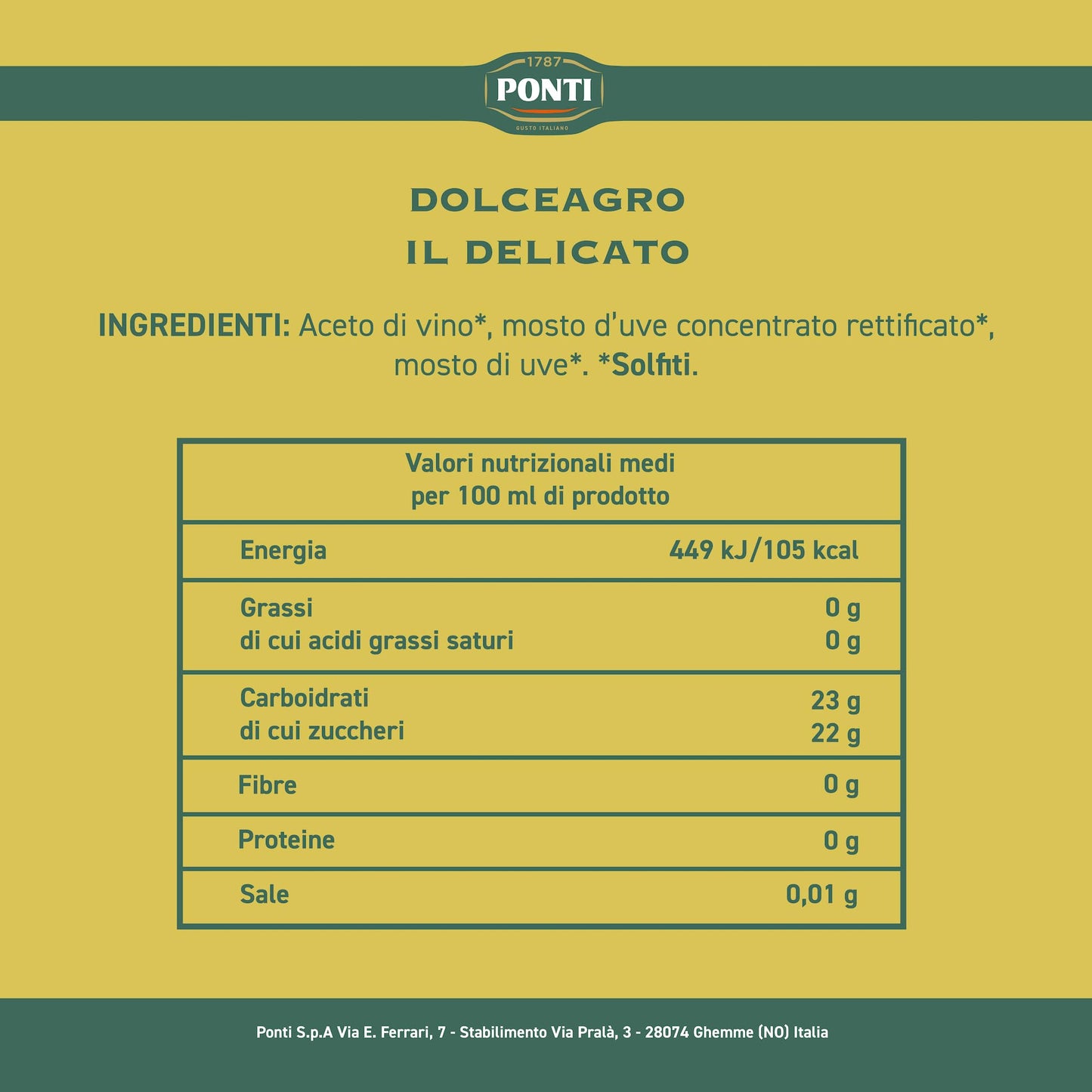 Ponti, Dolceagro Condimento Delicato, Gusto Amabile e Rotondo, Bassa Acidità, Dona un Tocco di Delicatezza alle Insalate, alle Verdure, Carni e Pesce, 100% Made in Italy, 6 Bottiglie da 500 ml