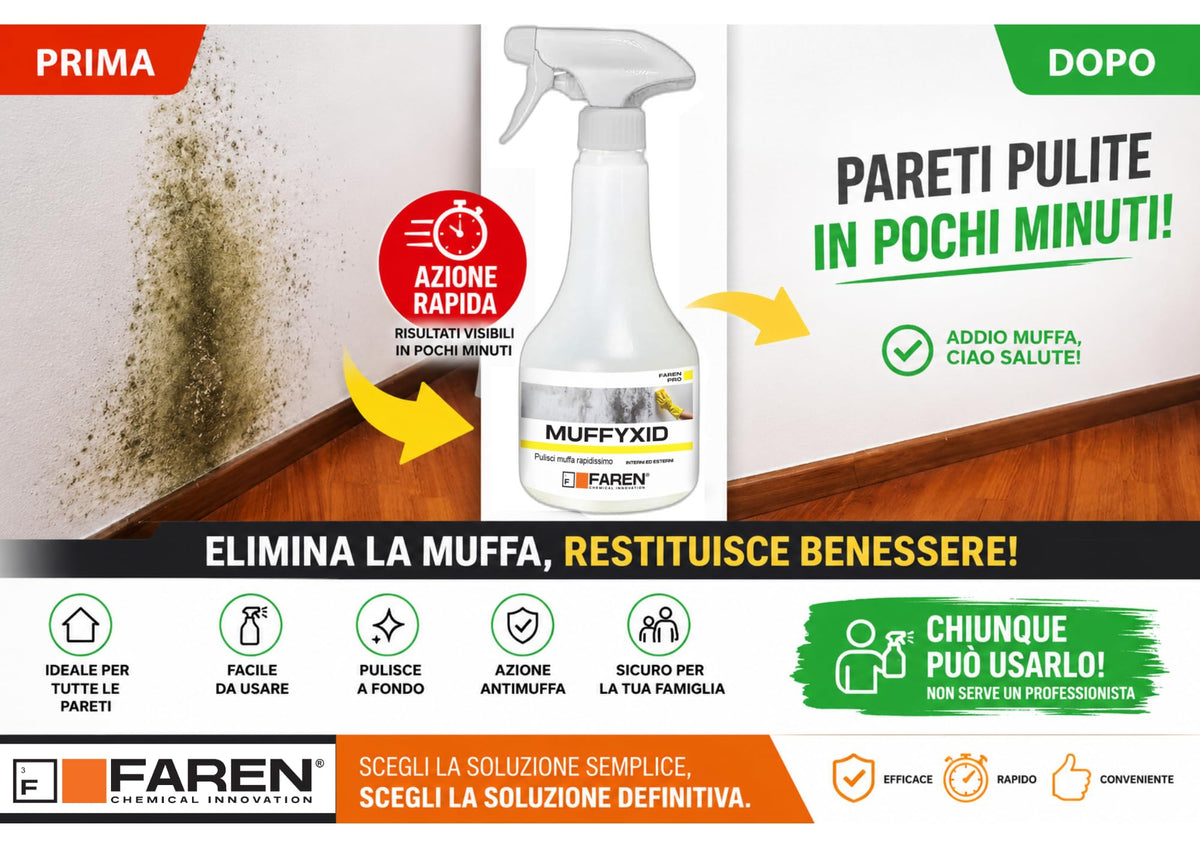 Faren MUFFYXID, Rimuovi Muffa, Antimuffa, Pulitore della Muffa ad Azione Rapida, Igienizzante, Elimina rapidamente Muffe, Funghi, Muschi e Alghe, ritarda la ricomparsa, 500ml