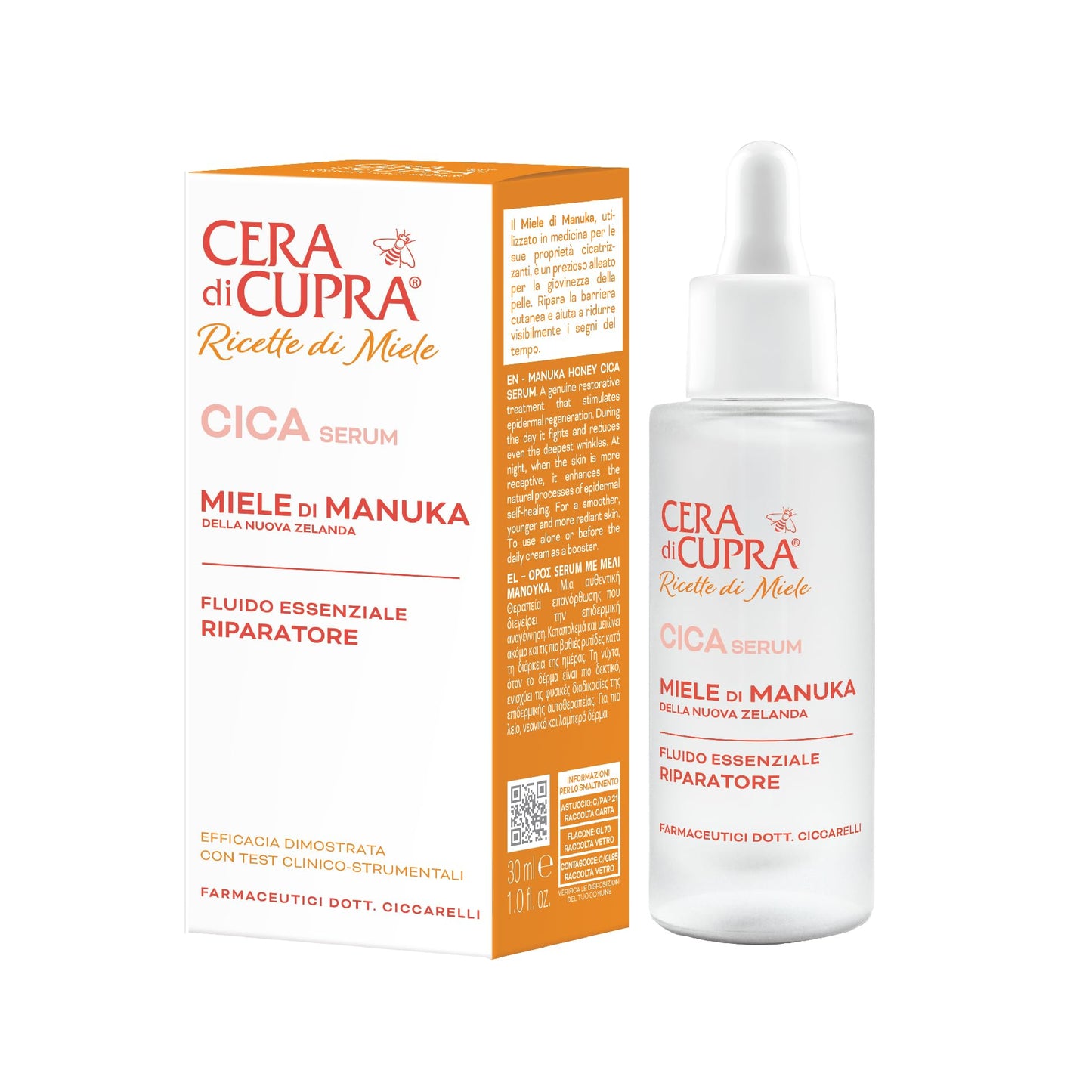 Cera di Cupra, Cica Serum, Siero Miele di Manuka della Nuova Zelanda, Potenzia i Naturali Processi di Autoriparazione della Barriera Cutanea, Made in Italy, Dermatologicamente Testato, 30 ml
