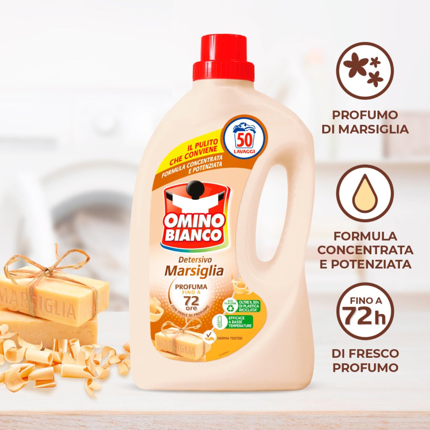 Omino Bianco Detersivo Liquido Concentrato Marsiglia per Lavatrice 50 Lavaggi Formula Bio con Perle di Profumo 72h per Tessuti Delicati e Colorati Efficace a Basse Temperature - 2 Flaconi da 2L
