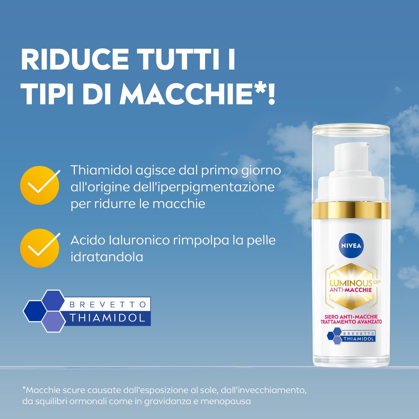 NIVEA Luminous630 Siero Viso Anti-Macchie Trattamento Avanzato 30 ml, Siero antimacchia viso per una pelle luminosa, Siero viso Acido Ialuronico e Thiamidol brevettato per tutti i tipi di macchie