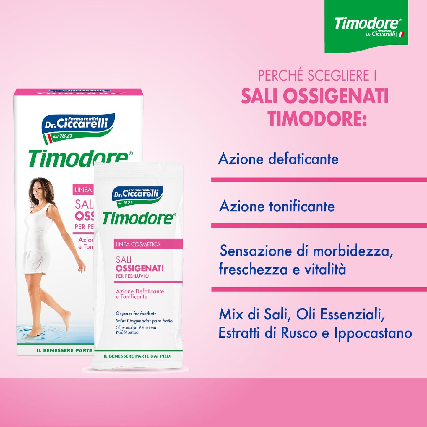 Timodore, Sali Ossigenati, Mix di Sali e Olii Essenziali per Gambe e Piedi Stanchi, Donano una Rinnovata Morbidezza e Freschezza, 100% Made in Italy, Dermatologicamente Testato, 400 gr