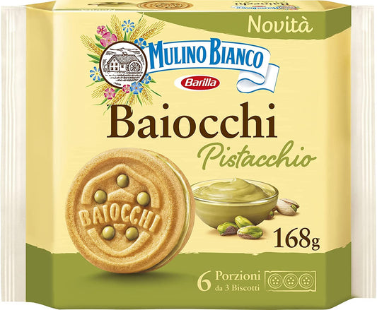 Mulino Bianco Baiocchi - 6 biscotti al pistacchio, ideali per colazione o merenda, senza olio di palma, 6 porzioni da 3 biscotti