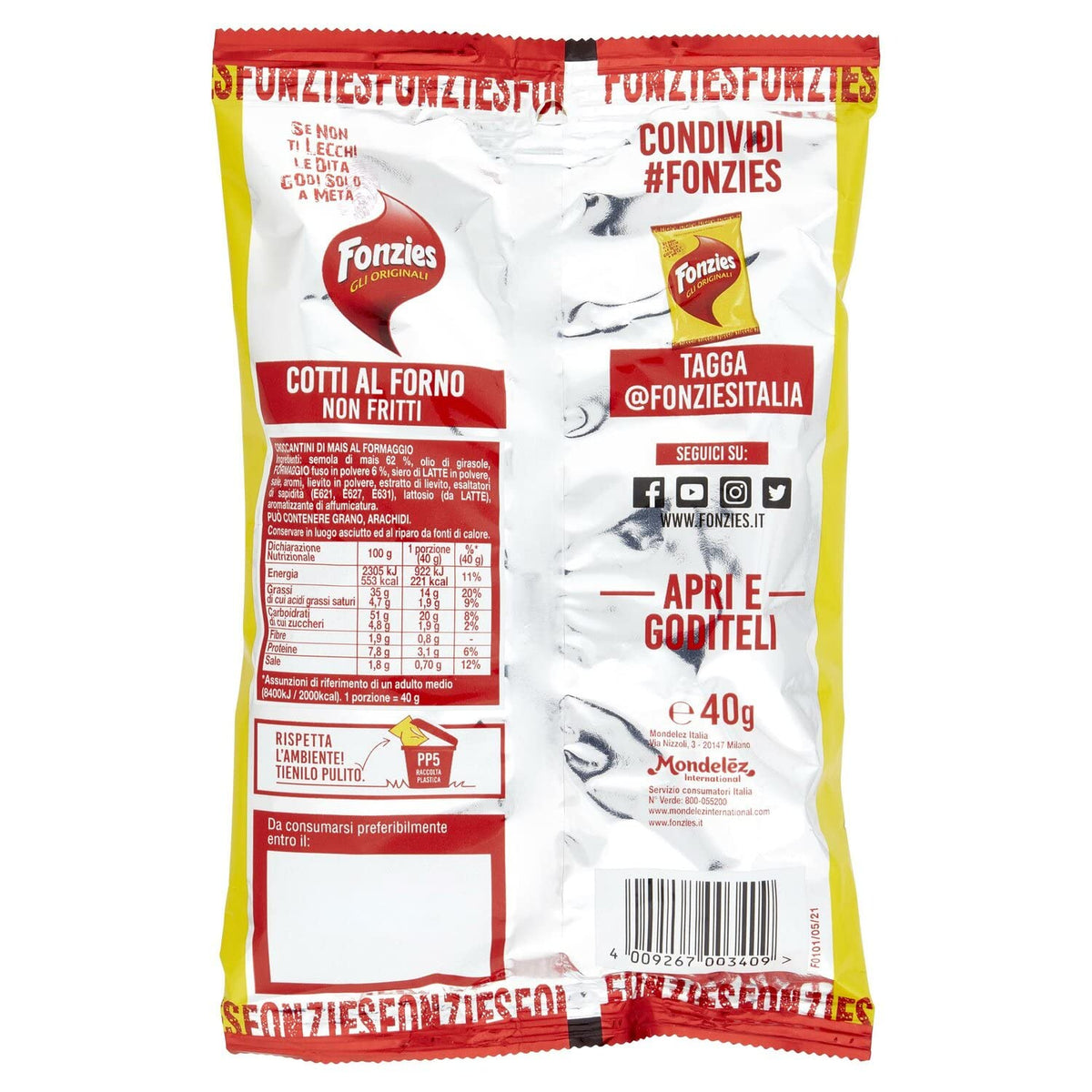 Fonzies Gli Originali - Snack di mais al gusto di formaggio, 40 g, confezione da 10