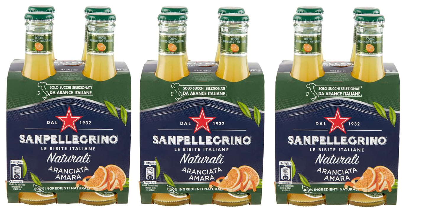 12x San Pellegrino Aranciata Amara Naturali Bevanda Analcolica Rinfrescante con succo di Arancia italiano, Bottiglia di vetro 20cl