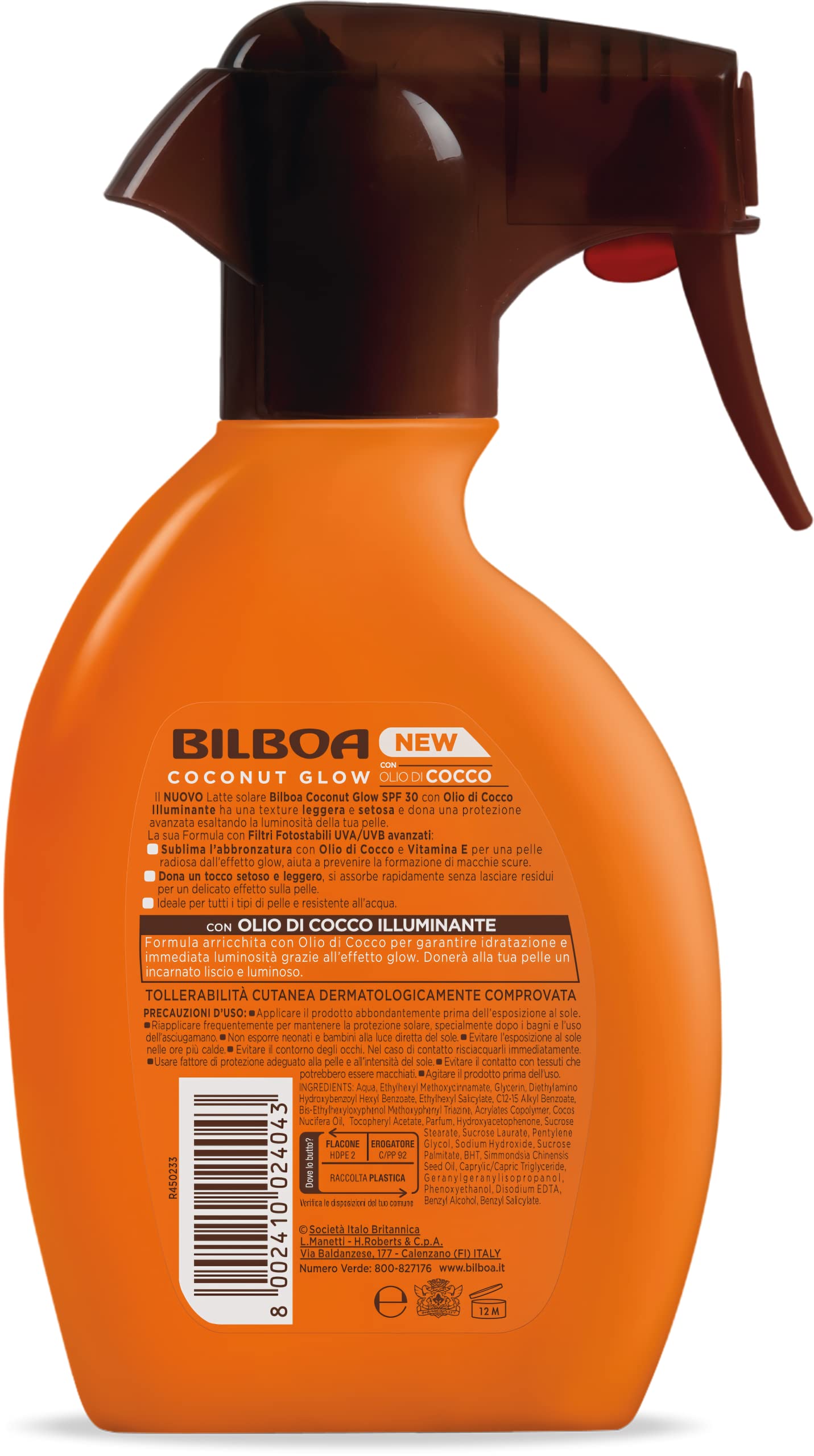 Bilboa, Trigger Solare Coconut Glow SPF 30, Crema Solare Spray con Olio di Cocco e Vitamina E, Leggera sulla Pelle, Protezione Solare Resistente all'Acqua, 250 ml