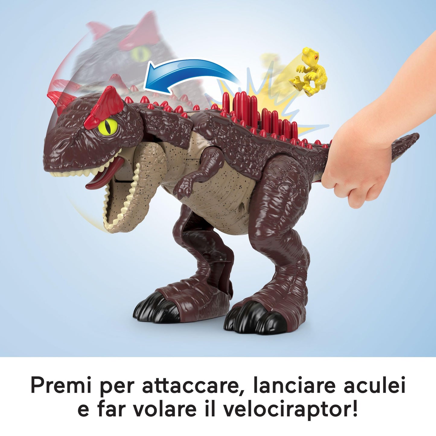 Fisher-Price Imaginext Jurassic World - Carnotauro Aculei Pungenti, Dinosauro Alto 28+ cm con Cucciolo di Velociraptor Incluso e Pulsante attivazione fauci, Giocattolo per Bambini, 3+ Anni, HML42