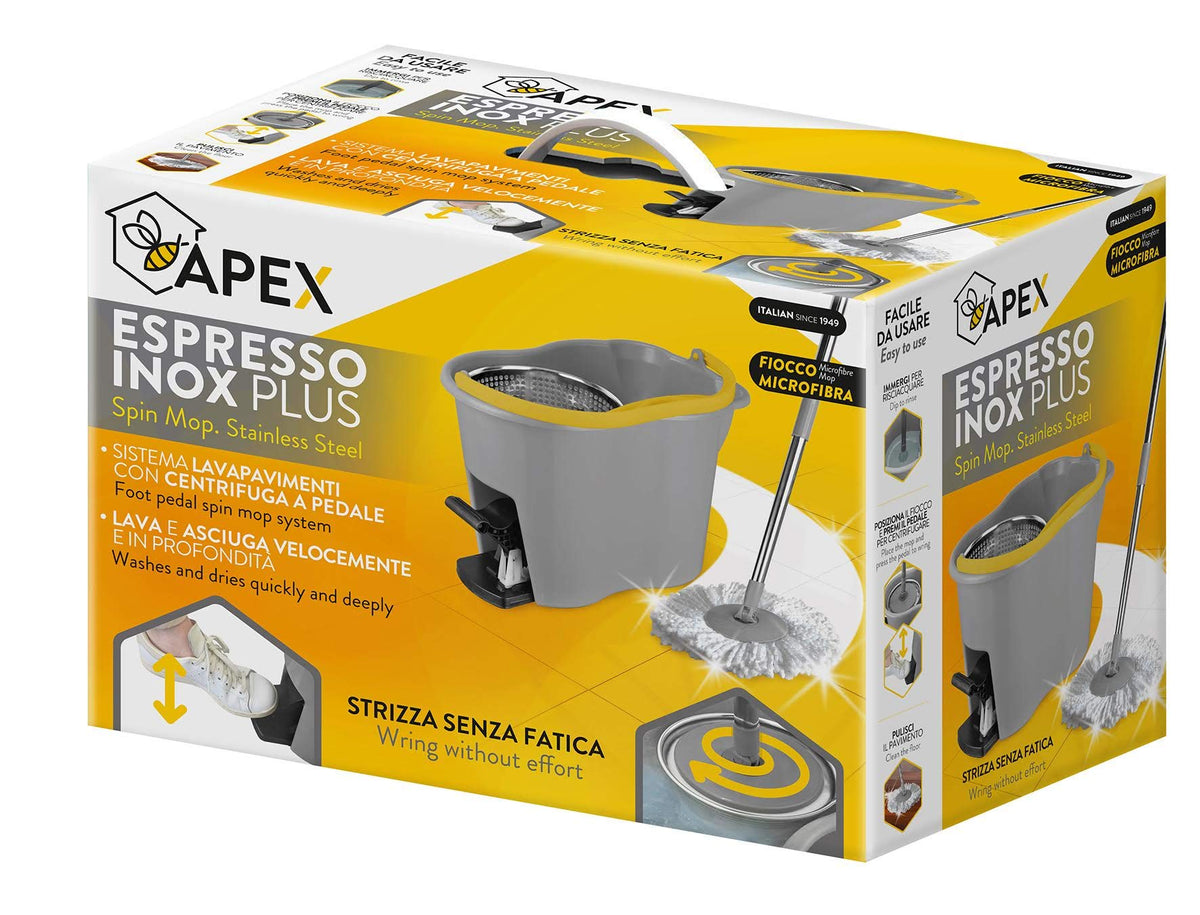 Apex Sistema Lavapavimenti con Secchio, Strizzatore a Centrifuga in Acciaio Inox, Manico e Mocio in Microfibra - Espresso Plus