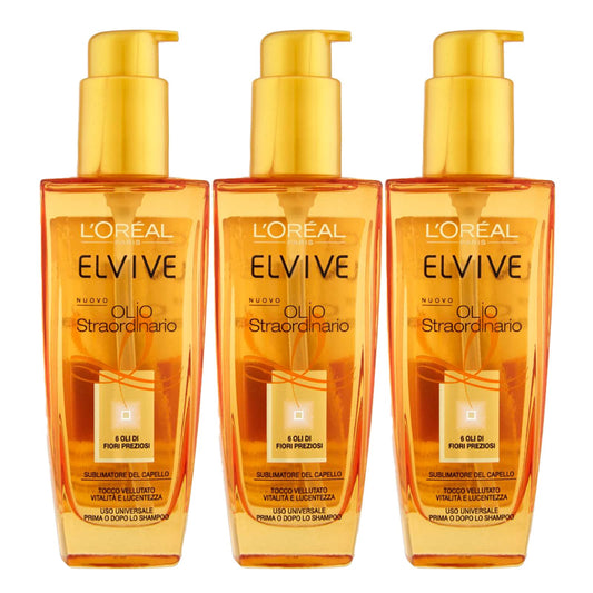 3x L'Oréal Paris Elvive Olio Straordinario per Capelli Secchi e Spenti Nutriente con Formula Leggera - 3 Flaconi da 100ml