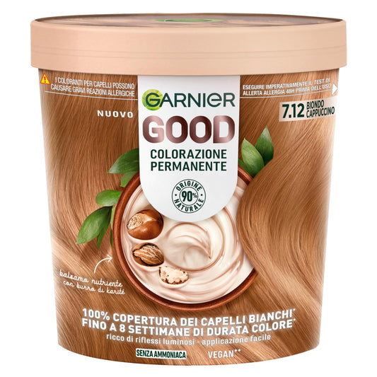 Garnier Good Tinta Colorazione Permanente Fino a 8 Settimane Colore Brillante e Luminoso Copre il 100% dei Capelli Bianchi Formula Vegana Senza Ammoniaca 7.12 Biondo Cappuccino