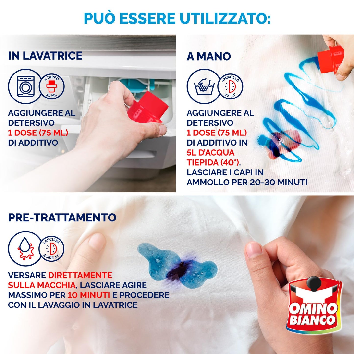 Omino Bianco Additivo Smacchiante Gel 5 Azioni in 1 per Bucato Igienizzante anche per Basse Temperature - 3 flaconi da 900 ml