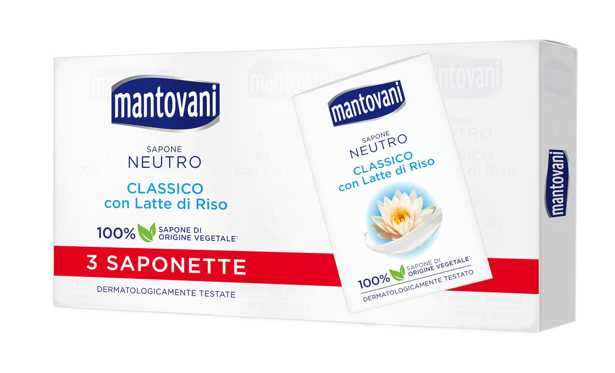 Mantovani - Sapone Neutro Solido, di Origine Vegetale con Latte di Riso, Dermatologicamente Testato, 3 x 90gr