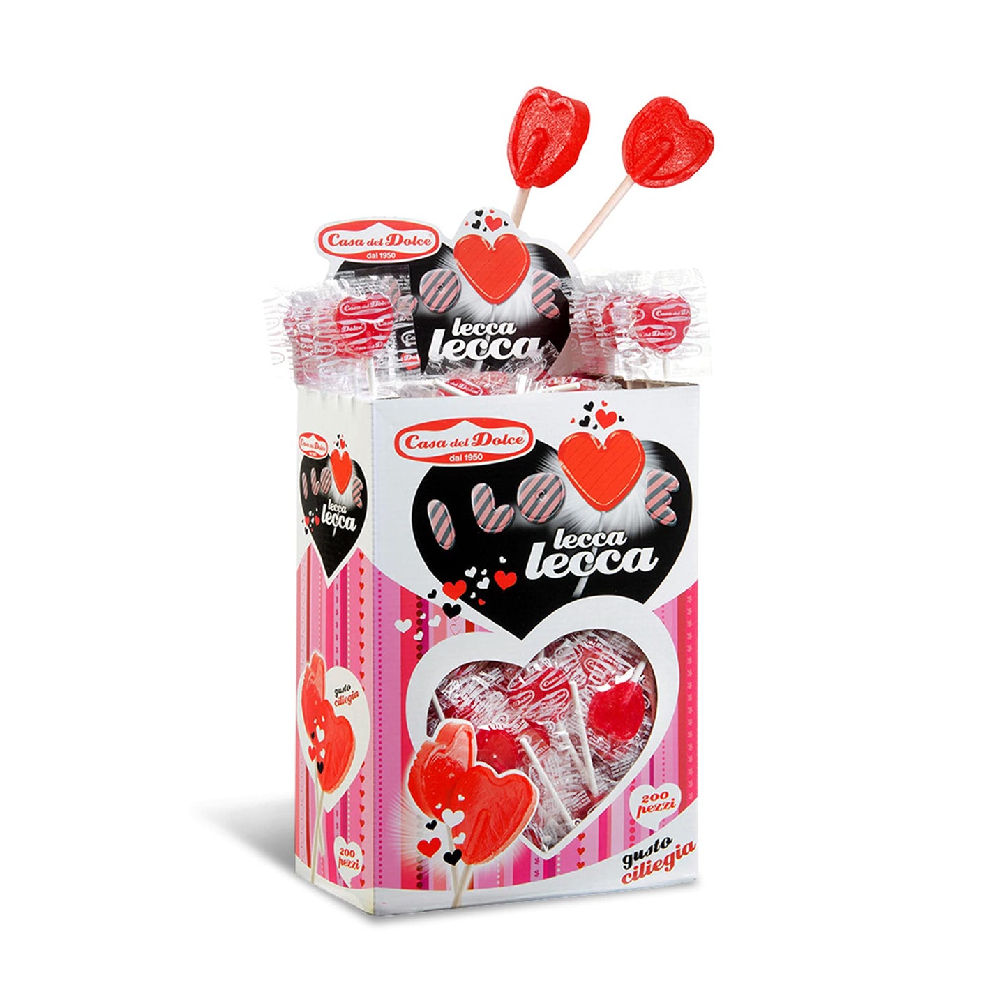 CASA DEL DOLCE Lecca Cuore Piccolo, Lecca Lecca a Forma di Cuore, Gusto Ciliegia, Box da 200 Pezzi, Incartati Singolarmente, Made in Italy, Senza Lattosio, Senza Glutine, Idee Regalo per Feste